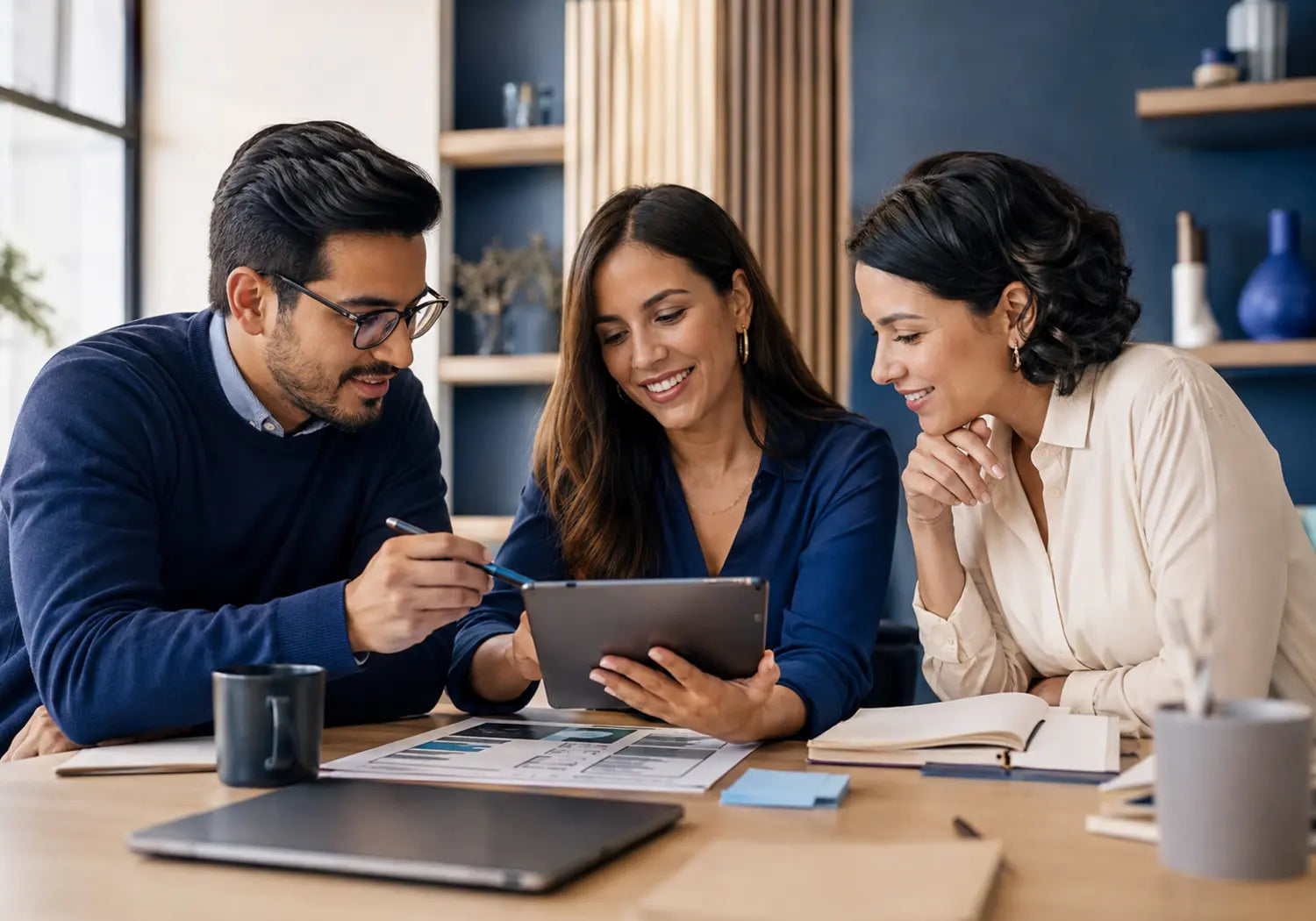 Equipo de profesionales colaborando con herramientas digitales